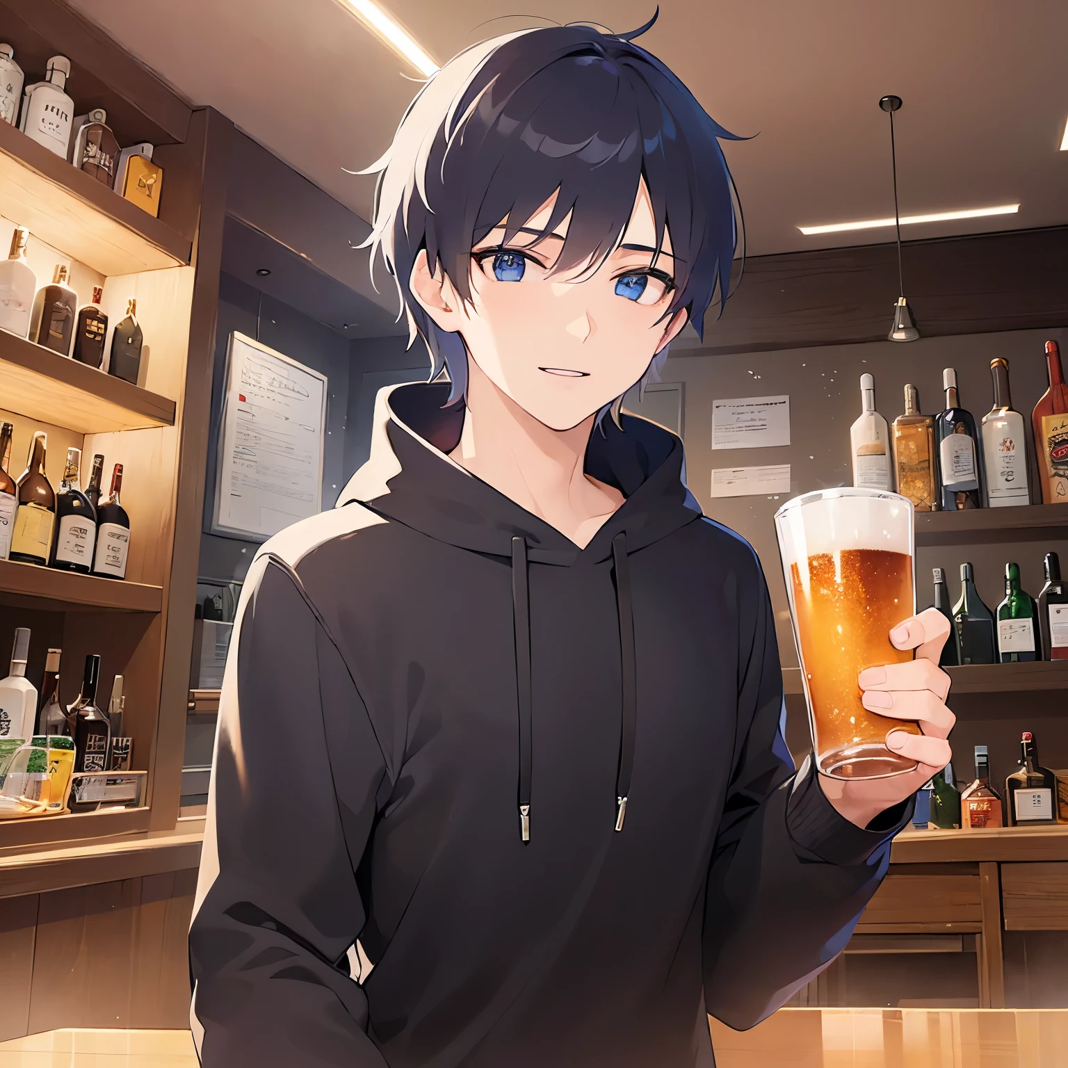 (25-year-old male:1.5) and (Black short hair) and (blue eyes),lookin at viewer,upper body
shiny skin, masterpiece、Highest quality、
black hoodie,
smile,The background is the interior of a bar at night.,Drinking beer
