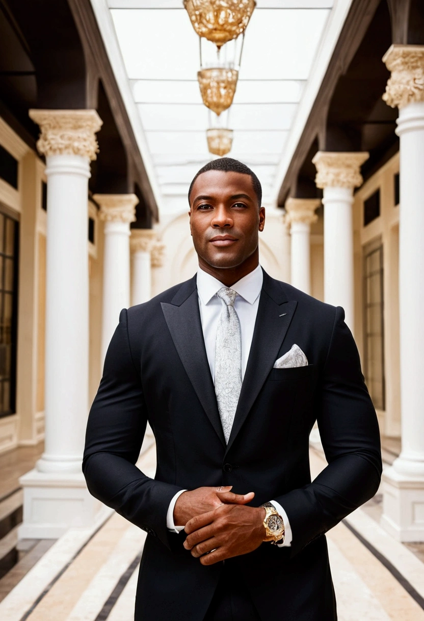 A handsome black businessman in a luxurious setting during the day, conveying confidence and determination