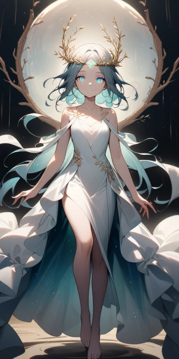 1girl, ethereal beauty, moonlight hair, starlight gown, bare feet, delicate features, kind eyes, gentle smile, slender figure, graceful posture, otherworldly aura, willow branch crown, flowing white dress, glowing skin, luminescent eyes, magical presence, masterpiece, best quality
