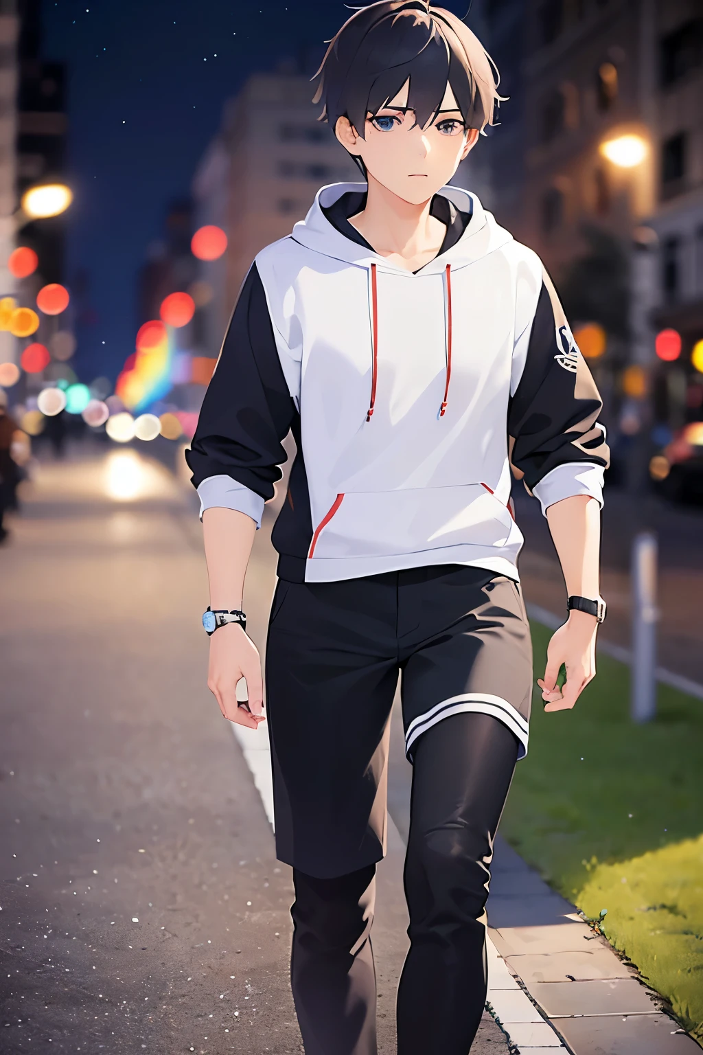 （running:1.5）(25-year-old male:1.5) and (Black short hair) and (blue eyes)、(looking away:1.5),upper body、Side shot、
shiny skin, masterpiece、Highest quality、
black hoodie ,
Night Park、grass、illumination、（Night Sky：1.5）
