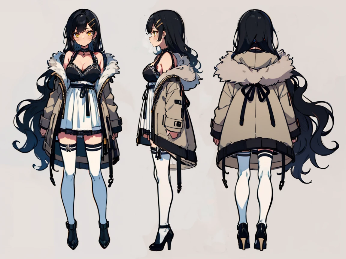 ((three-sided view, front view, side view, back view, multiple views, multiple poses and expressions, many parts)), concept art, character concept art, character sheet, Full body, illustration, (simple background, gray background), 1 character, 1girl, fantasy art, (hui xiyi:0.7), rekkyo sensen, rekkyou sensen, girls with((1girl, solo, black hair, yellow eyes, (wavy long hair, hairclips:1.5), blush, breasts, choker, cleavage, coat, cowboy shot, white lace dress, ribbon waist belt, collar, collarbone, rosary, rosary choker, cross, full back, fur, fur trim, parka, khaki hoodie, green hoodie, hood down, hooded coat, hooded jacket, hoodie, jacket, large breasts, long sleeves, medium breasts, open clothes, open coat,open hoodie, sleeveless, winter clothes, zipper, cleavage, (white legwear, thighhighs, single thighhighs, single legwear, an exposed leg, exposed bare legs, black footwear, high heels:1.42))