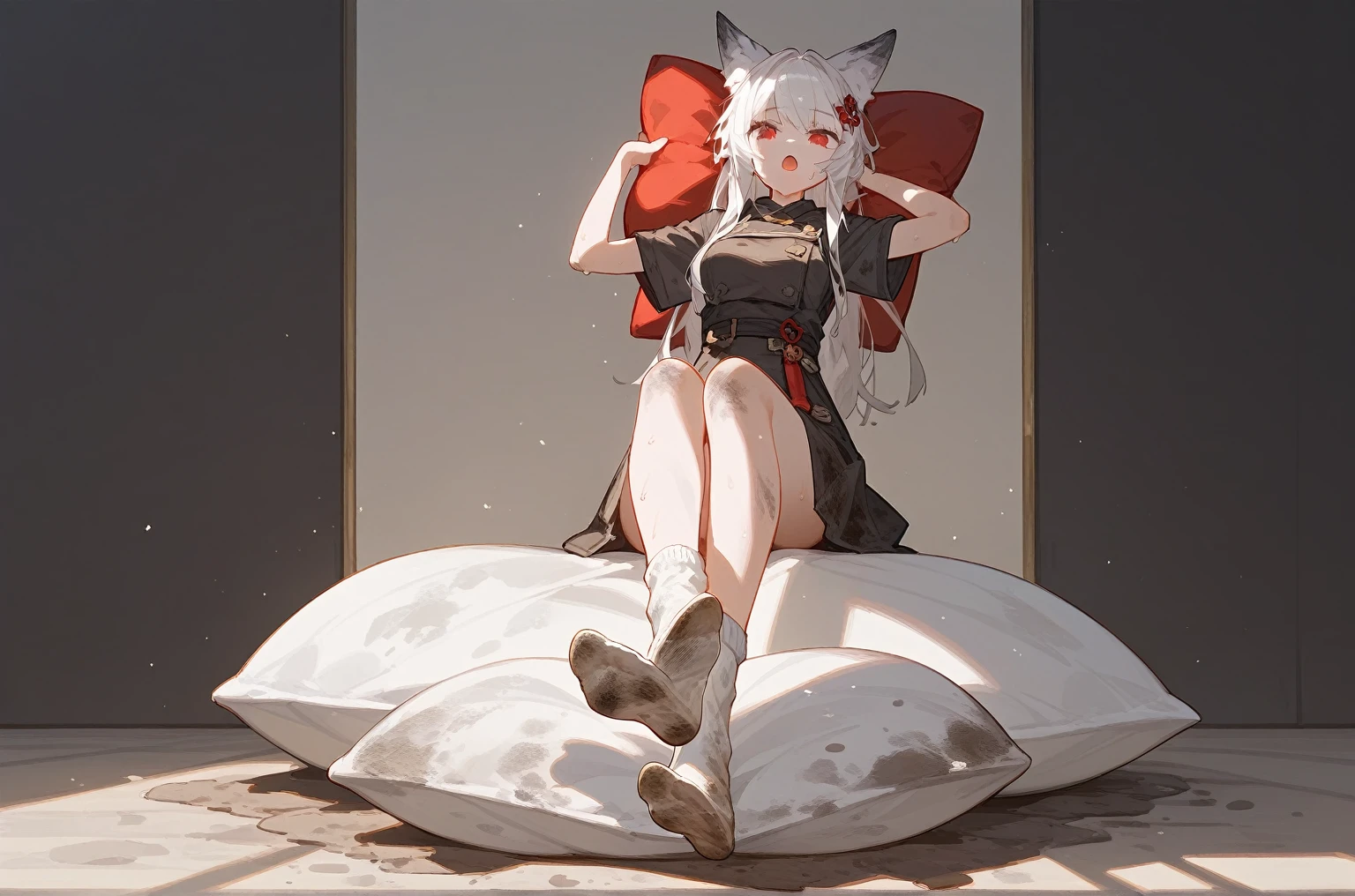 1 girl,dirty,foot,foot底,Red Eyes，breast,solitary,Long hair,White hair,,foot趾,foot部焦点,Looking at the audience,sit,Sweat,open mouth,dirty foot,Keep,indoor,Pillow,Bangs，White knee socks，Fox ears，There&#39;foot的泥土，White clothes，kimono，Japanese style，dirtyPillow，dirty床，女孩周围堆满Pillow，女孩踩踏2着Pillow，大量Pillow，Pillow上肮脏，,(Deluxe Rococo Canopy King Bed),On a big and spacious bed,(),,,,Luxurious curtains with ornate ruffles and ribbons surround the bed,((((There are many pillows piled on the bed)))),Detail of Quilt,Detailed bed sheets,女孩踩在Pillow上