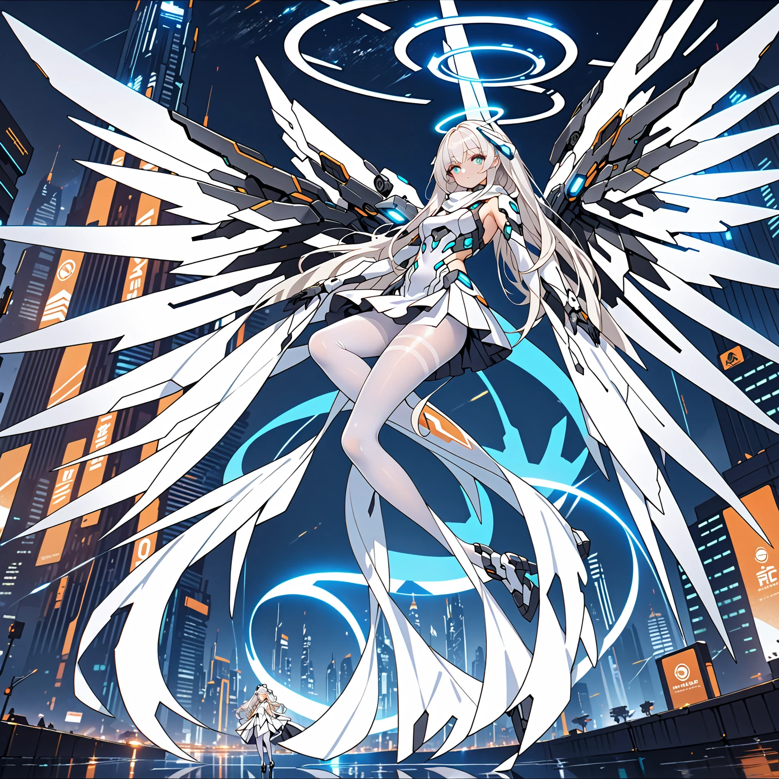 masterpiece, highest quality, highest resolution, clear_image, detailed details, white hair, long hair, 1 girl, futuristic wings, futuristic halo, white sci-fi mecha dress, white scarf with blow glow, white pantyhose, full body, no water marks, city, no extra limps, no extra body