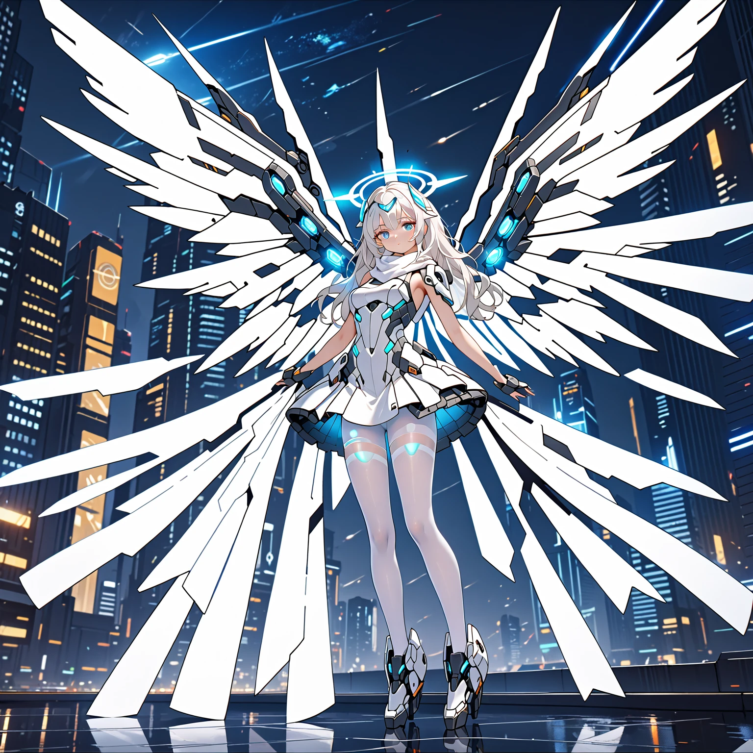 masterpiece, highest quality, highest resolution, clear_image, detailed details, white hair, long hair, 1 girl, futuristic wings, futuristic halo, white sci-fi mecha dress, white scarf with blow glow, white pantyhose, full body, no water marks, city, no extra limps, no extra body