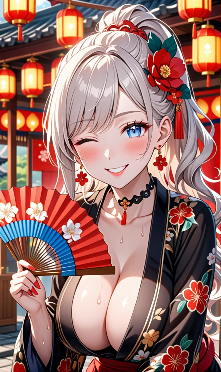 ultra-detailed, ((one girl)), (pale skin:1.4), in pastel colors gyaru, (heavy makeup), (professional lighting) hyper detailed, absurdres, 8K, Beautiful Face, (Laugh shyly), ((teasing smile:1.8)), ((Wink:1.7)), (Laugh with your mouth wide open),((Tilt your face:1.6)), View your viewers, ((Bright red cheeks:1.6)),Glossy Red Lips, ((:1.6)), ((undressing:n, Shrine festival stalls, ((Anime style background)),masterpiece, Highest quality, so beautiful,Latest, Complex details, (Pink long nails), (nail art), (ring),(bracelet), (Floral Choker),AI-generated, Complex,High resolution, Highest quality, super high quality,3D Images、3D Images,One person,Pastel silver long hair,(High Ponytail), (wavy hair:1.3), Pastel anime woman posing for a photo, ((Fine grain、blue eyes、glowing eyes:1.4)), (Squint your eyes:1.1), (one eye closed:1.7), a hyperRealistic , hyperRealistic , Realistic,Anime woman with long pastel white hair, Smooth anime CG art, A girl in a gorgeous black kimono, ((Black long-sleeved kimono)),(Large red floral pattern), Golden embroidery, (sideboob), Long flower hair ornament,Floral Earrings, Mature Body, tall,Narist, (from sbelow), ((leaning forward:1.2)), ((upper body)), ((Holding a fan in your hand:1.3)),(sweat),