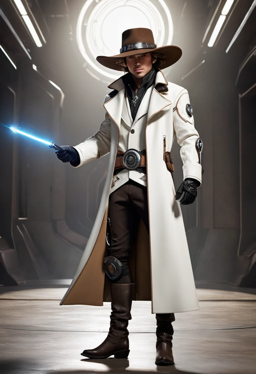 a character in a futuristic, Western-inspired outfit. The character wears a white and brown long coat with black pants and knee pads. Accessories include a wide-brimmed hat, gloves, and a belt. The character's attire suggests a blend of cowboy and high-tech elements. With a magical wand in his hand. He is little bigger in size.