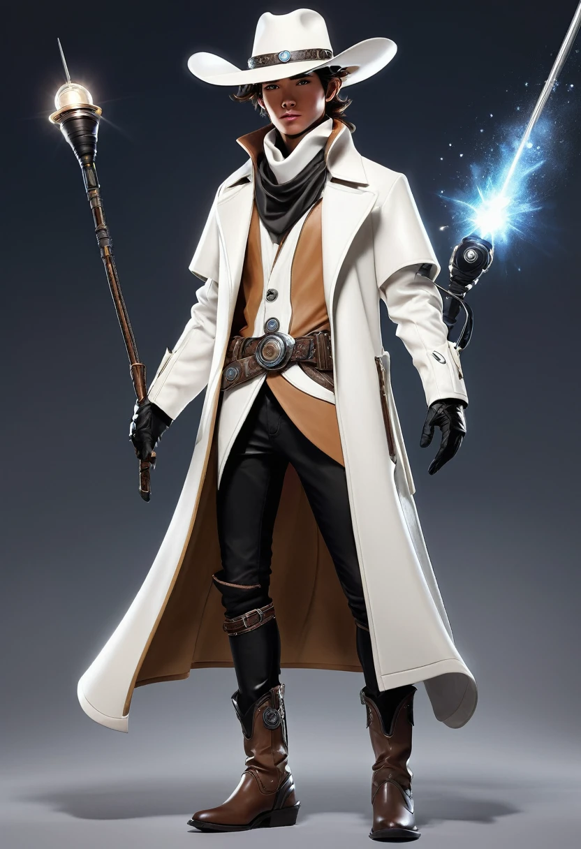  a character in a futuristic, Western-inspired outfit. The character wears a white and brown long coat with black pants and knee pads. Accessories include a wide-brimmed hat, gloves, and a belt. The character's attire suggests a blend of cowboy and high-tech elements. With a magical wand in his hand. He is little bigger in size.