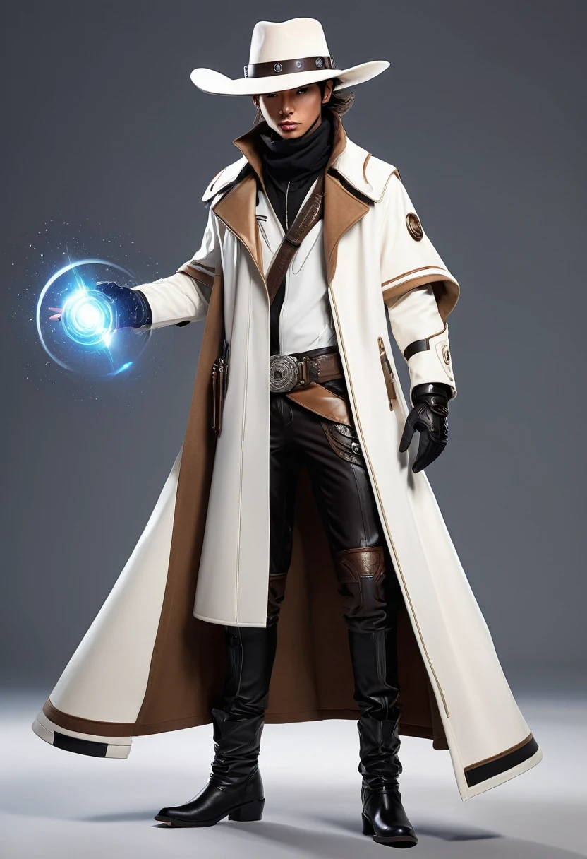 a character in a futuristic, Western-inspired outfit. The character wears a white and brown long coat with black pants and knee pads. Accessories include a wide-brimmed hat, gloves, and a belt. The character's attire suggests a blend of cowboy and high-tech elements. With a magical wand in his hand. He is little bigger in size.