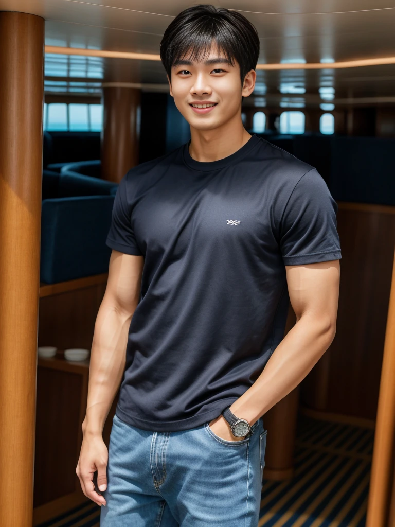独奏: 1.5, (As a matter of fact, Masterpiece, 8k HD, good light quality, sportswear, fit the face, complicated details), A handsome Korean young man with muscular arms. , 20 years old, be happy, smile brightly, detailed face, delicate eyes, look at the sky, Wear a navy tight T-shirt.:1.6 ,Wear a denim coat., jeans period, black eyes, Black hair color, ผมsmooth, smooth，Surreal，Awesome details，Highest quality，real，Open your mouth to talk. , Close your eyes., (standing in a cruise ship:1.5)