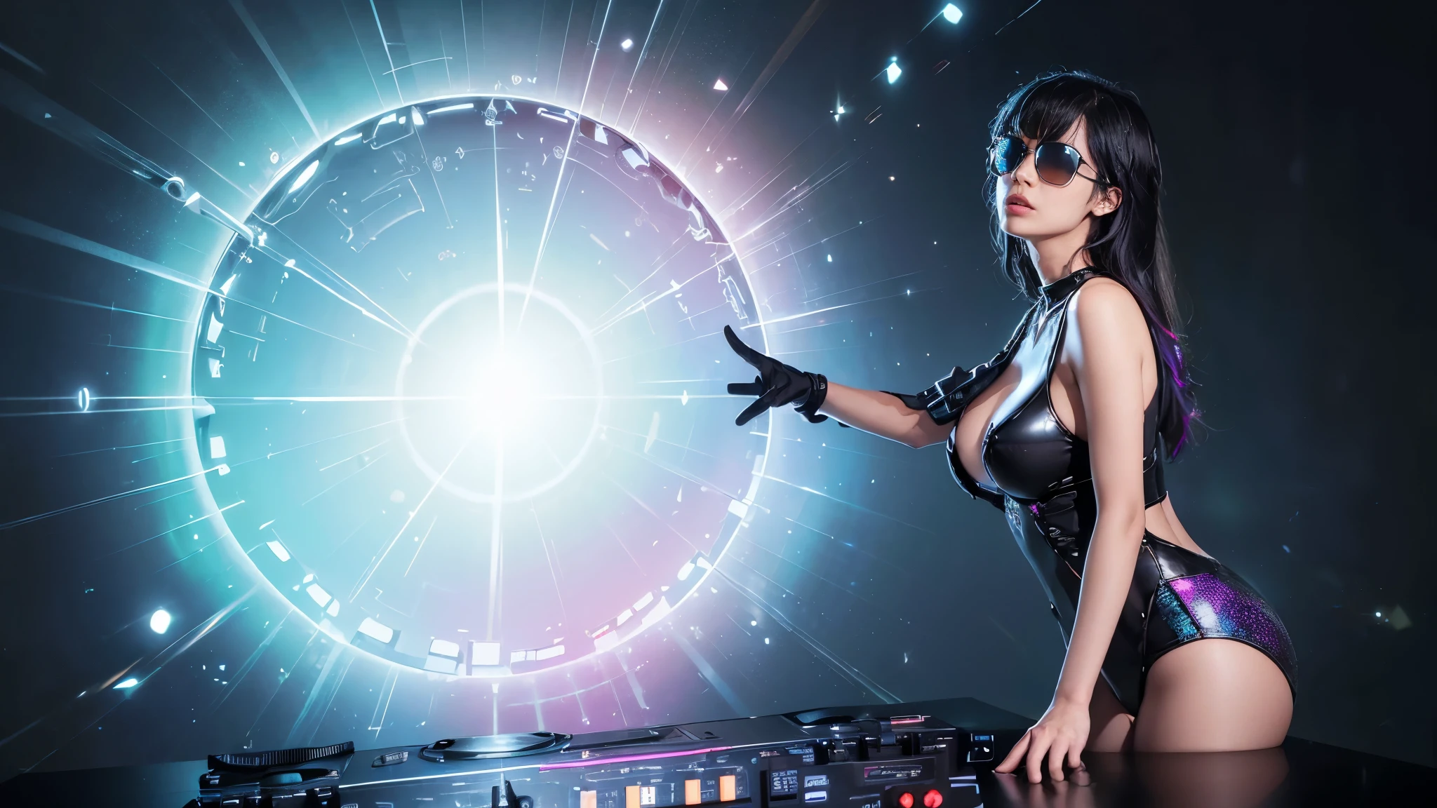 (best quality,4k,8k,highres,masterpiece:1.2),ultra-detailed,(realistic,photorealistic,photo-realistic:1.37),vibrant colors,electronic music background,full color,photo,poster,fashion,abstract design,modern style,dynamic energy,energetic atmosphere,striking visual effects,pulsating rhythm,creative visuals,stylish composition,glowing lights,futuristic elements,technological elements,synthesizer,turntables,CDJs,headphones,neon lights,glittering disco ball,dancing crowd,stylishly dressed models,(((black sunglasses, medium-breast:1.2))),eclectic fashion choices,colorful patterns,shimmering fabrics,sharp lines,mirror reflections,playful poses,dynamic movement,dynamic light and shadow,dazzling visual spectacle,artistic expression,electric ambiance,multimedia experience, cinematic lighting, lens flare, ray tracing