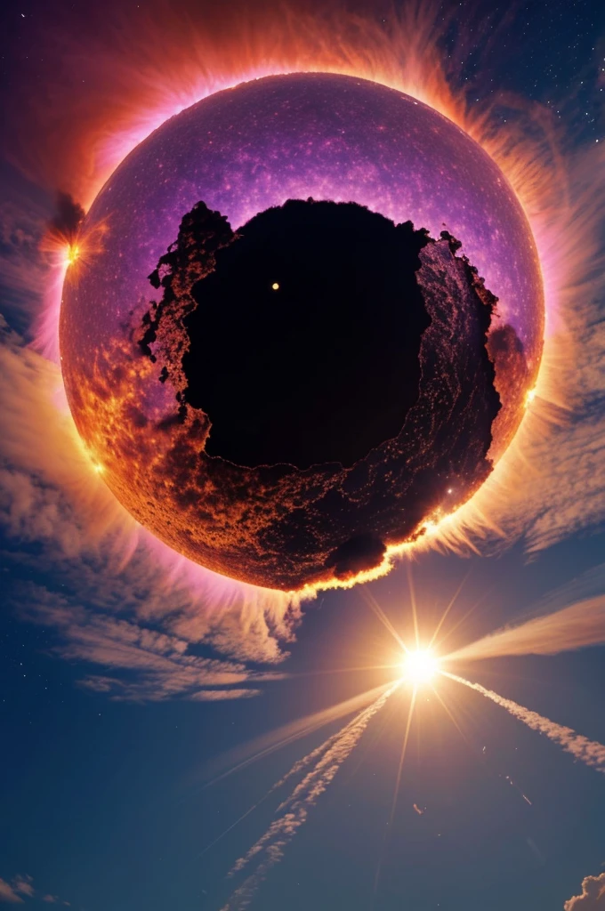A person looks at the sky and realizes that a pink and purple hole was created in the sky., the sun falls from that hole, More holes begin to appear in the sky where the sun will fall until it explodes and causes a fire. 