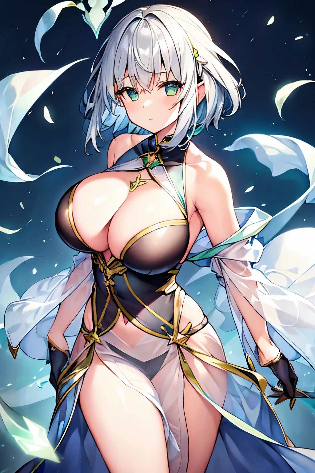 1 girl、Silver short hair、((See-through material、Wizard Robe、Long gloves))、Green and yellow decoration、Chest a little big、Wind Blade、Expose、string