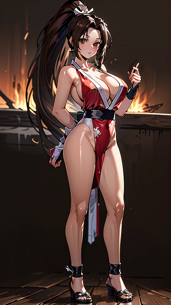 (best quality ,mobile wallpaper, ultra-detailed, detailed background, depth of field, absurd)), a beautiful women (maims, 18s, big breasts,brown long hair), looking at viewer, slingshot swimsuit, shiranui mai, long hair, brown eyes, brown hair, ponytail, fullbody