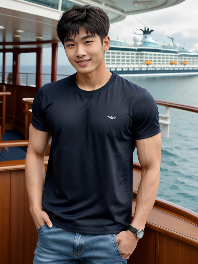 独奏: 1.5, (As a matter of fact, Masterpiece, 8k HD, good light quality, sportswear, fit the face, complicated details), A handsome Korean young man with muscular arms. , 20 years old, be happy, smile brightly, detailed face, delicate eyes, look at the sky, Wear a navy tight T-shirt.:1.6 ,Wear a denim coat., jeans period, black eyes, Black hair color, ผมsmooth, smooth，Surreal，Awesome details，Highest quality，real，Open your mouth to talk. , Close your eyes., (standing in a cruise ship:1.5)