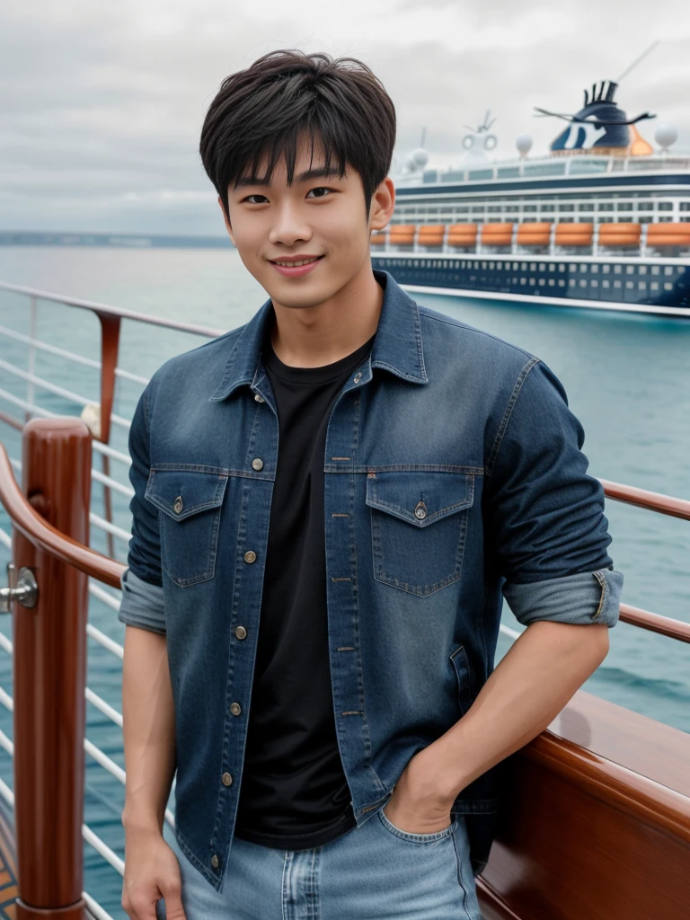 独奏: 1.5, (As a matter of fact, Masterpiece, 8k HD, good light quality, sportswear, fit the face, complicated details), A handsome Korean young man with muscular arms. , 20 years old, be happy, smile brightly, detailed face, delicate eyes, look at the sky, Wear a navy tight T-shirt.:1.6 ,Wear a denim coat., jeans period, black eyes, Black hair color, ผมsmooth, smooth,Surreal,Awesome details,Highest quality,real,Open your mouth to talk. , Close your eyes., (standing in a cruise ship:1.5)
