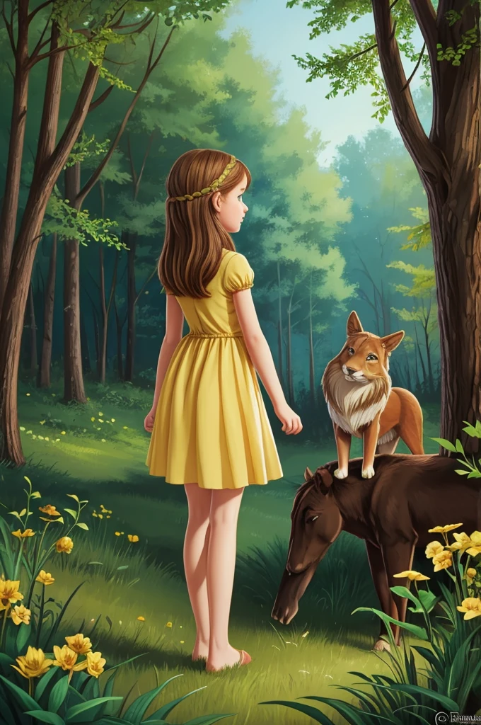 Illustration for a fairy tale about a girl, standing in the forest, who can talk to animals