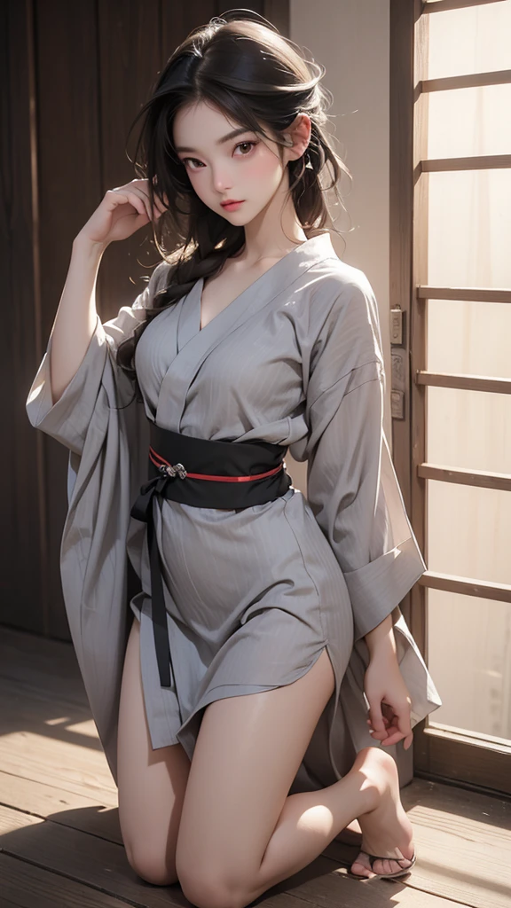 ((best quality, 8K, masterpiece :1.3)), Clear focus:1.2 ， Photorealistic，(light)，Facial detail texture. Eye details. Double eyelids, slim body. Super small breasts, Sexy clavicle，12 year old girl, Photo-realistic:1.37，Perfect eyes, ((1 Girl in a gray yukata))，（White belt），(Thick cloth)，((Ripped Linen))，There are pictures，Dark brown hair，Long hair draped loosely，Bangs，Kneeling in the snow，barefoot，Put your hands behind your back，Kneeling，Full body portrait，Bellyband，Show your thighs，Wrinkles，((Solid color background))，Very shy，blush，Get wet