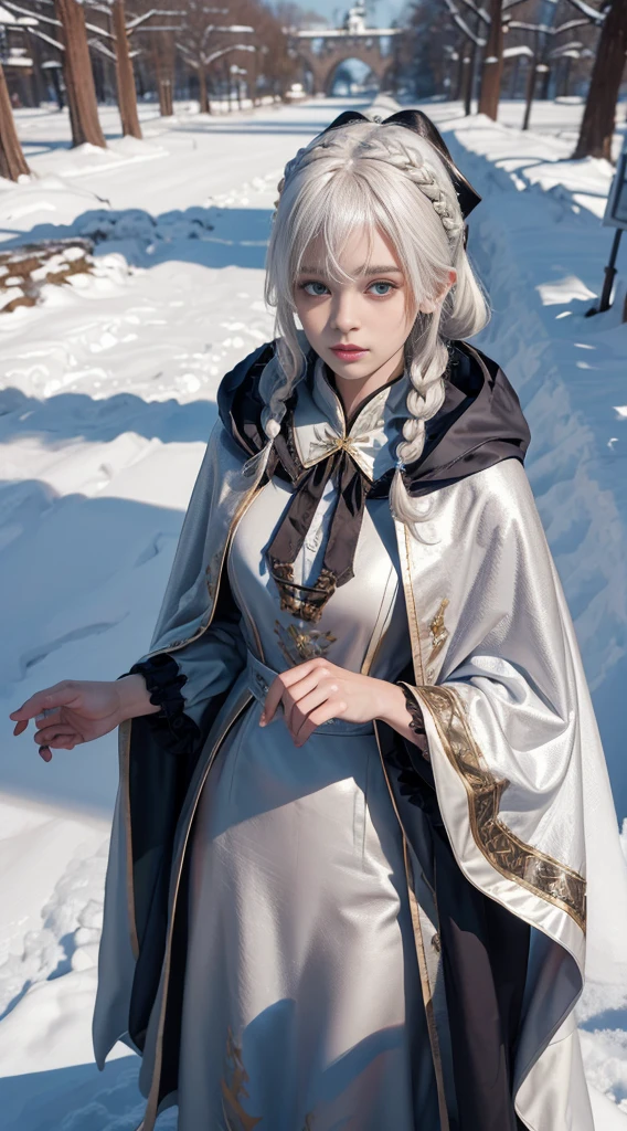 (8K),realisticlying, A high resolution, 1 Women, Alone, (a gorgeous,Lolita costume), pretty eyes, White hair, eye socket, braided hair, (standing,Cloak,blanketed in a mantle of snow)