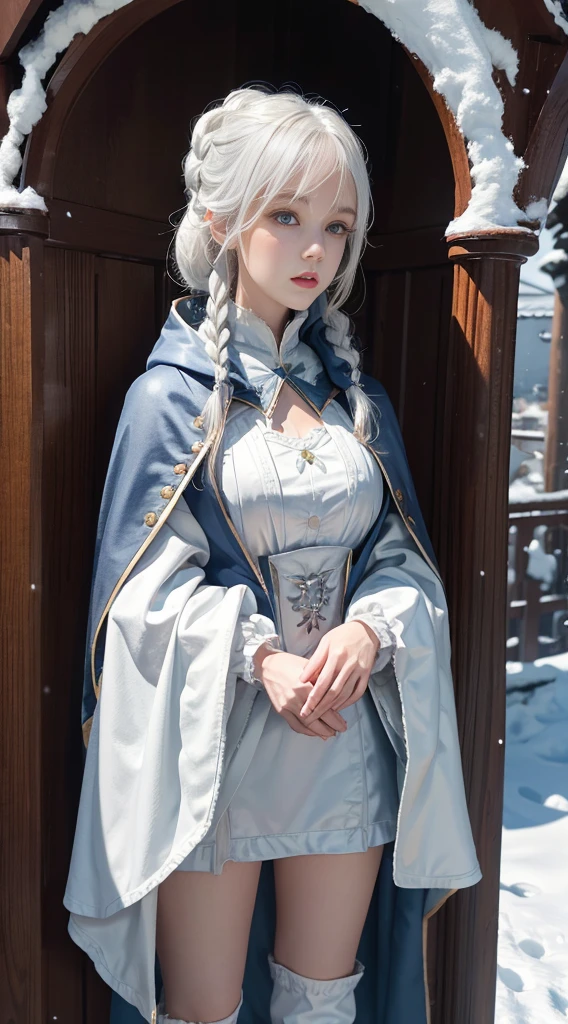 (8K),realisticlying, A high resolution, 1 Women, Alone, (a gorgeous,Lolita costume), pretty eyes, White hair, eye socket, braided hair, (standing,Cloak,blanketed in a mantle of snow)