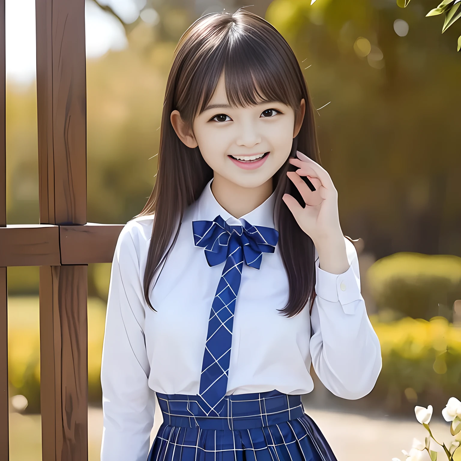 (Highest quality, masterpiece:1.2), Highest quality, High resolution, 1080P, 8K, height: 158cm, ((A noble and intelligent girl who looks like a cute Japanese young lady is giggling while magically hypnotizing the viewer)), ((So sweet, very noble, cute and pretty Japanese beautiful cute girl)), ((A real, very girly, sweet, cute and noble girl)), ((((A 14 years old, smiling beautiful Japanese cute fashion model)))), ((((Very pure white face and limbs)))), Glossy Lips, (Evenly cut bangs), ((Very beautiful, smiling brown, droopy, cute, pure, noble eyes)), ((Super long, straight black hair that reaches the floor)), Very shiny, Glossy Lips, Open hand over open mouth, Beautiful straight hair like a hair model, Watch and laugh at your audience, ((Incredibly well organized, Rich facial expressions. Plump and beautiful white skin and face)), ((Pure, clear, gentle smiling eyes)), ((Smile at me)), Glossy Lips, ((Noble and elegant)), ((As the succubus charms you with her magic and giggles)), ((((Succubus is fascinating、Calling to the depths of eternity)))), Very beautiful blue skirt, ((Large upward-curving lips)), ((Look directly at the viewer)), White Hand, ((Navy Japanese School Blazer, Navy and sapphire blue Japanese school uniform tartan check pattern pleated long skirt, Blue string ribbon tie)), ((((An ecstatic expression of boundless joy)))), ((White flowers background makes the girl more beautiful))