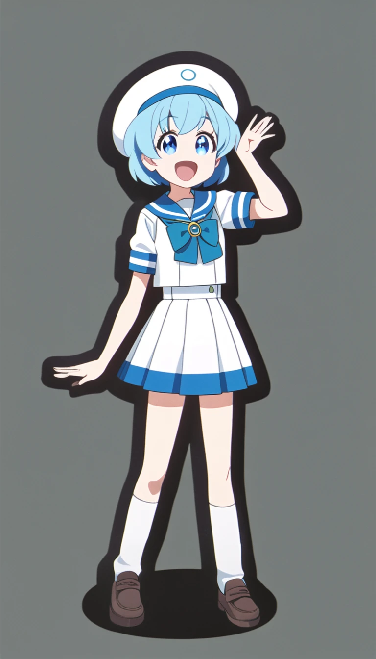 young girl, anime, short hair, pretty eyes, blue hair, full body, sailor suit, short pleated skirt, big smiling very happy, background greenback, black outline, stand up straight 