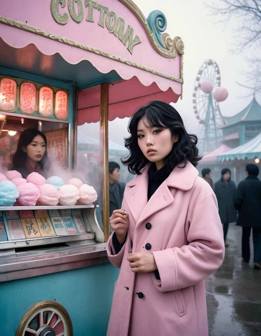 A young japanese supermodel woman, her wavy black hair and black eyes standing before the vintage cotton candy stall in an old amusement park on a foggy morning, donned in a flowing pink coat with intricate silver embroidery, captures a memorable pose for the vintage film camera angled above, the scene exuding drama and mystery.