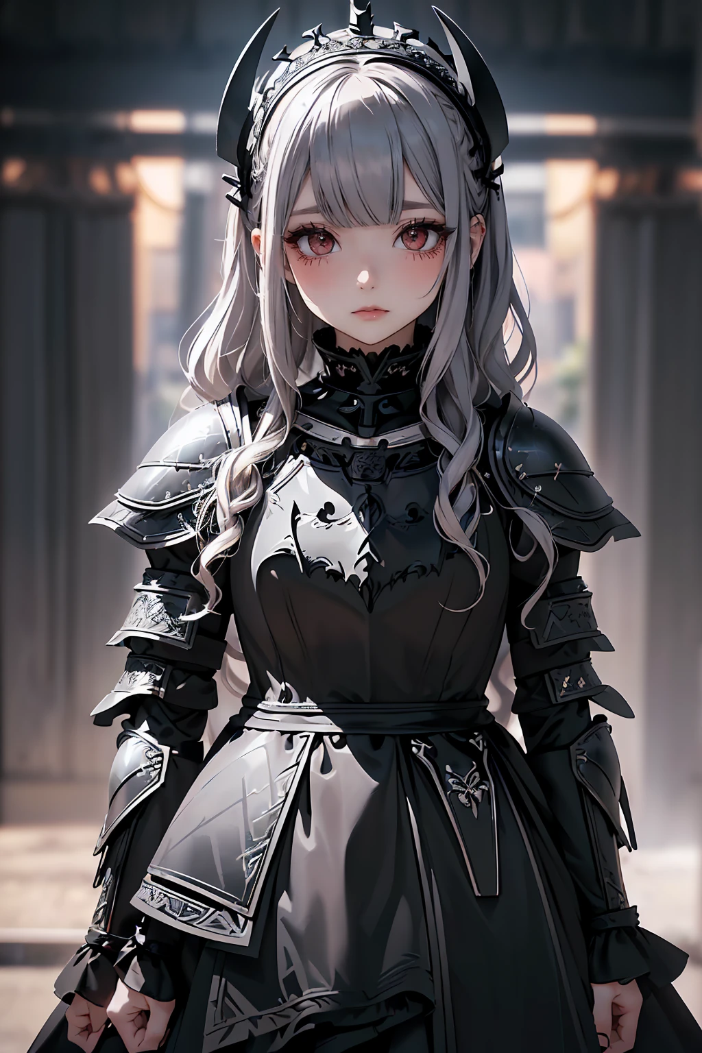 Anime Style、A masterpiece of delicate and detailed line drawing、Highest quality、Highest quality、(One Woman、、(Silver Hair、Hime cut, Wavy Hair, Mid-length hair:1.2)、(Natural Makeup、Eyelash extensions、Draw eyelashes sharply、Eyebrows are thin and short、Deep orange blush:1.1)、(Staring at the audience、Looks sleepy、Mouth open、Slightly red cheeks:1.3)、(Black Iron Full Plate Armor、Intricately detailed dress armor,、dark Knight:1.3)、garden、A mysterious scene with light pouring down, (Blur the background:1.3)、(View of the subject from below:1.1)、Photo from thigh up