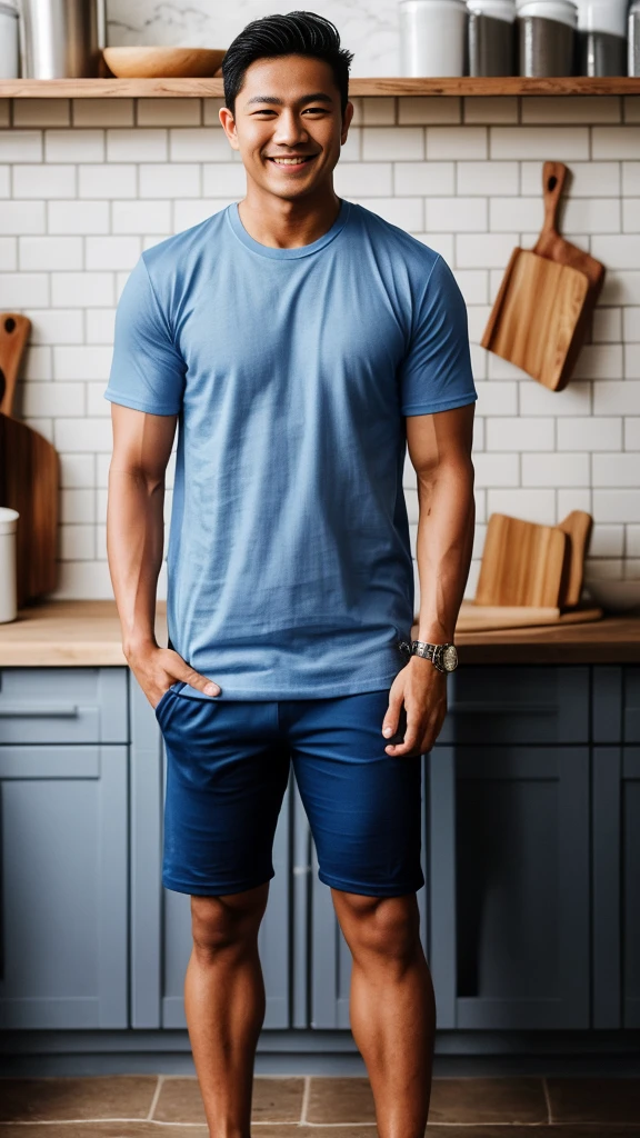 Thai man ,man ,(Blue T-shirt:1.5) ,Jeans ,He is about 30 years old..,Rough and handsome appearance,large breastsj,Big waistline,buzz cut, angry, sullen, best quality, Masterpiece,(Have muscles:4.5),(best quality,high resolution,Masterpiece:1.2),The eyes are natural and delicate..,1 person,alone,gay asian,muscle,Long legs,brave,short hair details,conjunctivitis ,strong,brown eyes, (standing in the kitchen:1.5),in the market,sit ,smile