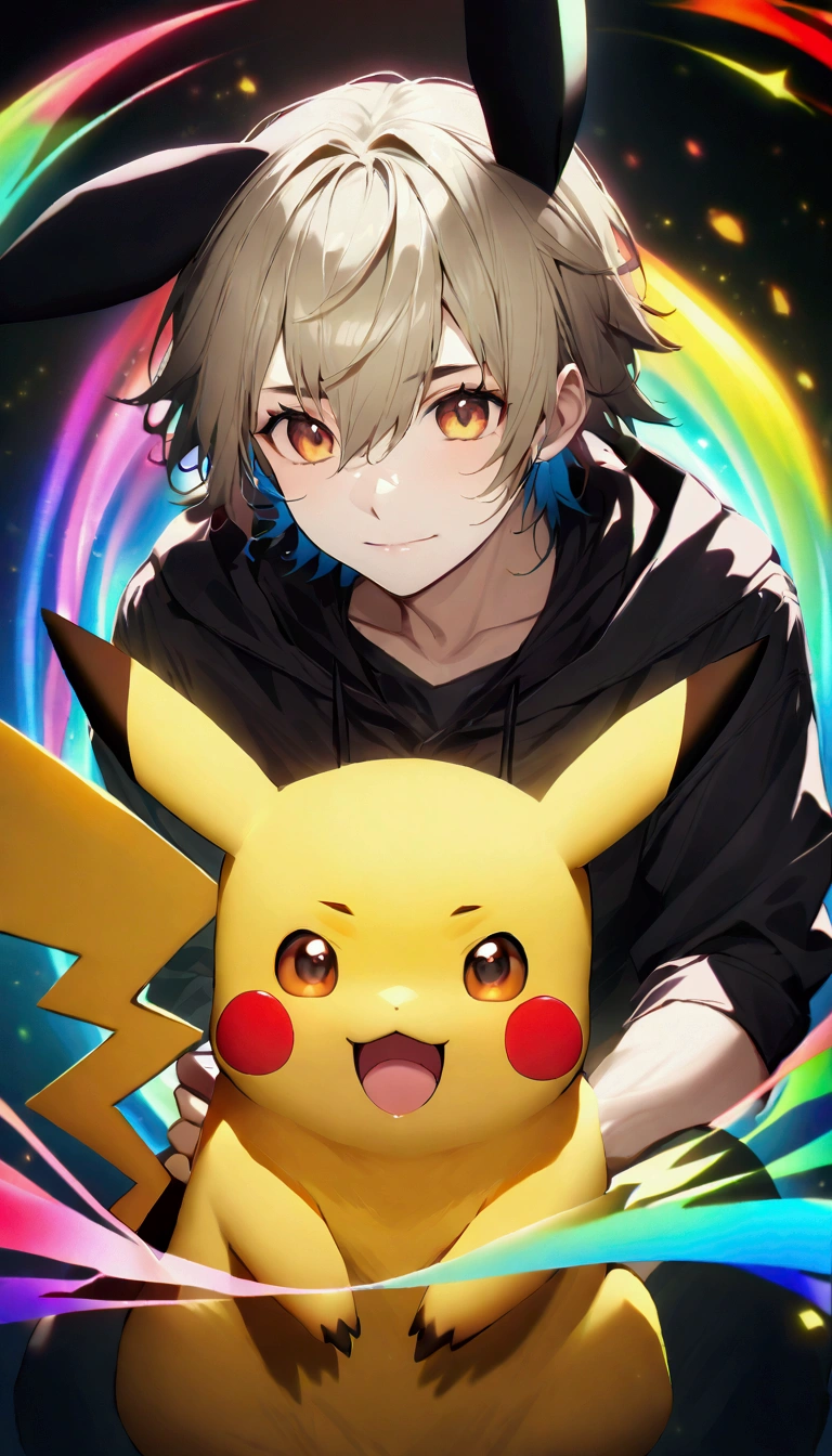 Create an image of Pikachu, Make him an adult、Cute boy and Pikachu、high resolution、beautiful