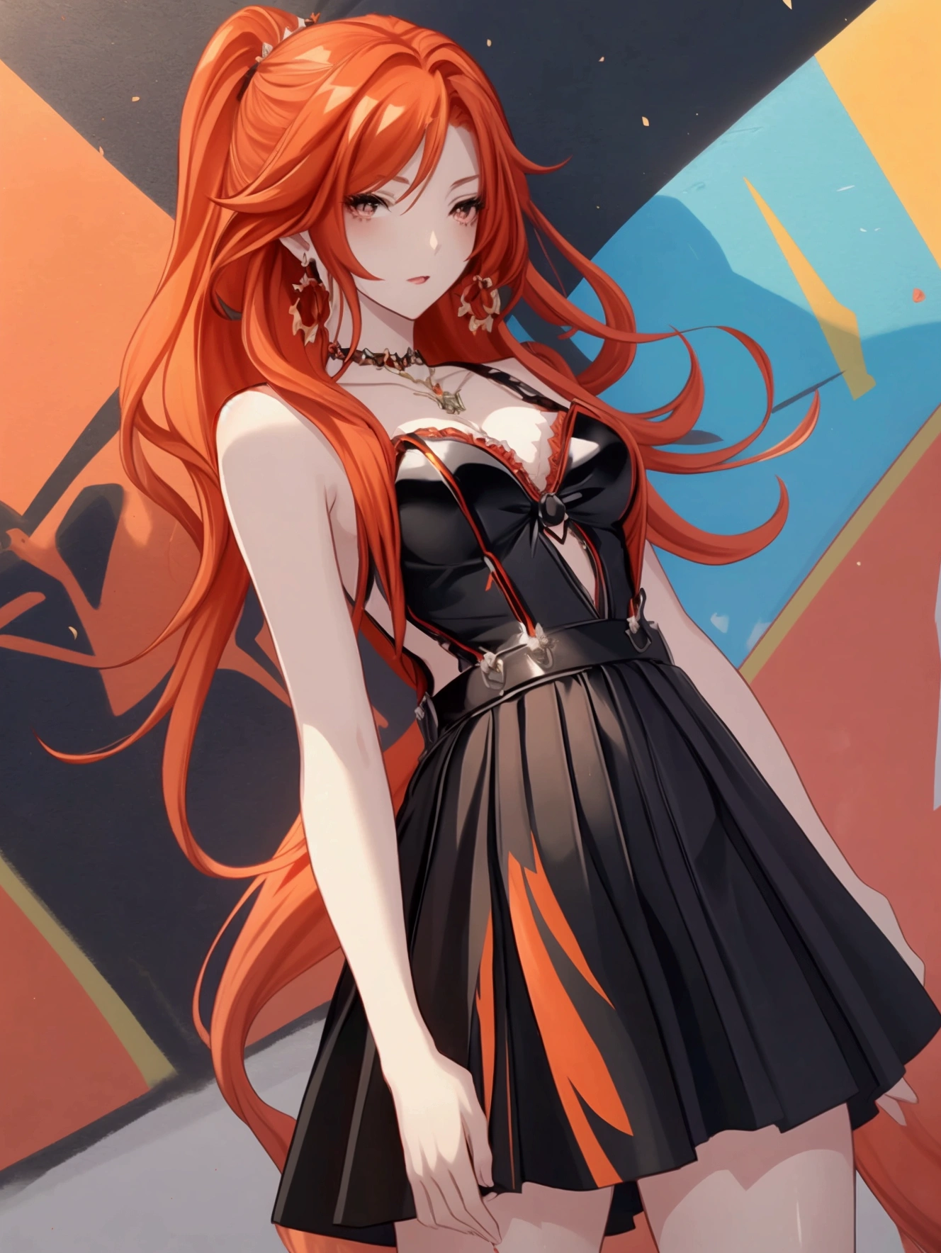 Anime girl with red hair and black suspender skirt in front of graffiti wall, 25 years old，long hair anime girl, She has long reddish-orange hair., Attractive anime girl,Bare arms，Bare arms，Bare legs，Black necklace，Tie-strap skirt，Front view，First Perspective，high quality，16K，Exciting appearance，very clearly，Exquisite mature facial，Royal sister