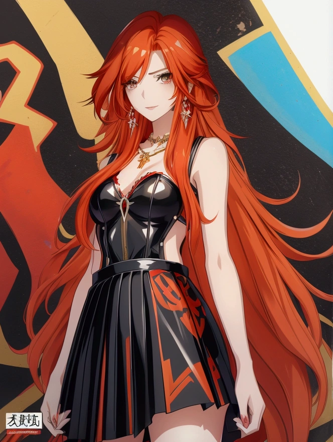 Anime girl with red hair and black suspender skirt in front of graffiti wall, 25 years old,long hair anime girl, She has long reddish-orange hair., Attractive anime girl,Bare arms,Bare arms,Bare legs,Black necklace,Tie-strap skirt,Front view,First Perspective,high quality,16K,Exciting appearance,very clearly,Exquisite mature facial,Royal sister