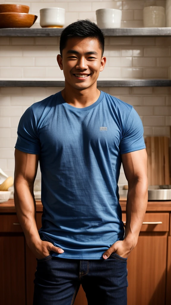 Thai man ,man ,(Blue T-shirt:1.5) ,Jeans ,He is about 30 years old..,Rough and handsome appearance,large breastsj,Big waistline,buzz cut, angry, sullen, best quality, Masterpiece,(Have muscles:4.5),(best quality,high resolution,Masterpiece:1.2),The eyes are natural and delicate..,1 person,alone,gay asian,muscle,Long legs,brave,short hair details,conjunctivitis ,strong,brown eyes, (standing in the kitchen:1.5),in the market,sit ,smile