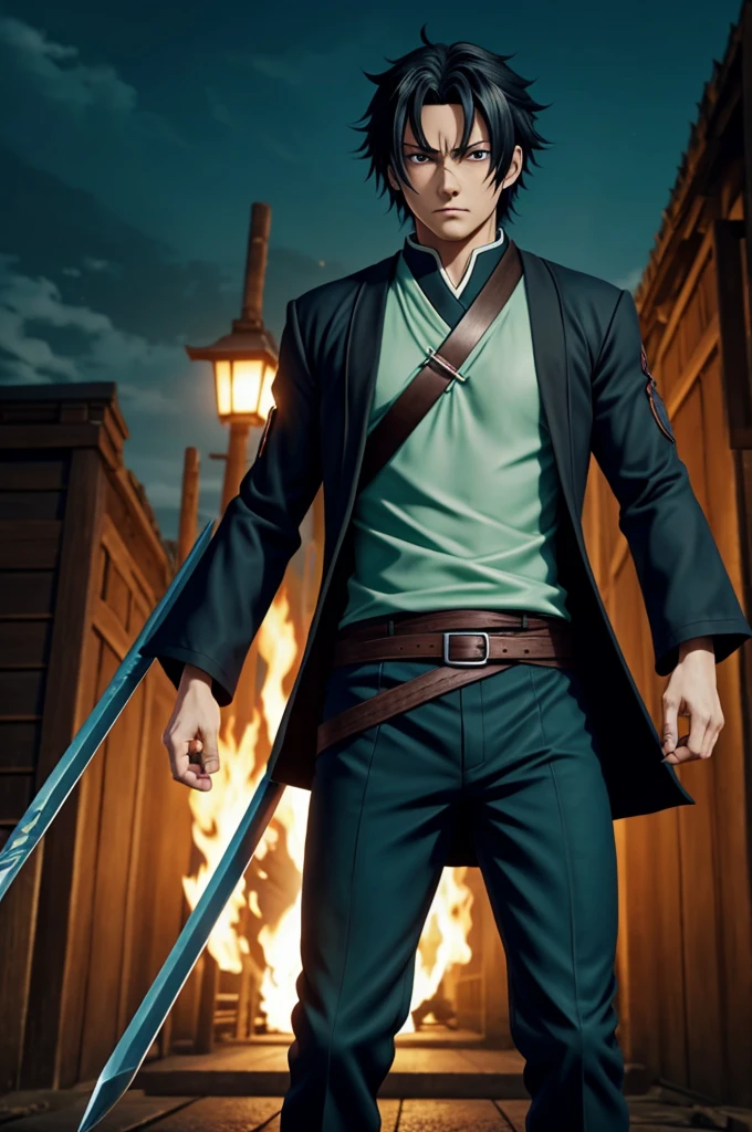 Screenshot of Demon Slayer anime character female woman, dark thesis, blue eyes, upset expression, half of his face covers his right eye, with a scratch on his lips on the left side, short hair, wavy dark black hair with turquoise tips, with a dark blue Demon Slayer suit with a slightly wide part of the pants, japanese sandals, covering it with a light green haori. anime styles, Ufotable Studios Season 3 Screenshot.