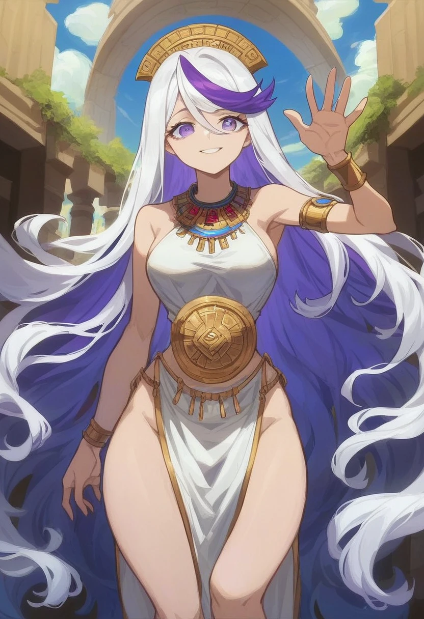 (masterpiece), (8k), best quality, perfect face, scene, bioluminescence, balcony kingdom view, kingdom, midnight, (tall female), (long layered hair), (very long white hair:1.3), (streaked hair purple:1.3), (multicolour hair:1.3), (white hair:1.3), (purple hair:1.3), standing, ((bare back)), bare shoulders, bottom loincloth, greek dress, glistering skin,thin waist, wide hips, armpit, dynamic pose, Perfect Hands, bangs, looking at viewer, (thigh), medium breasts, detailed eyes:1, perfect eyes:0.8, score_9, score_8_up, score_7_up,expressive eyes,1 girl, bangs,purple eye, ornament, necklace, happy smile, waving, ((fullbody)), anime screencap, (random view), (ancient greek clothes),