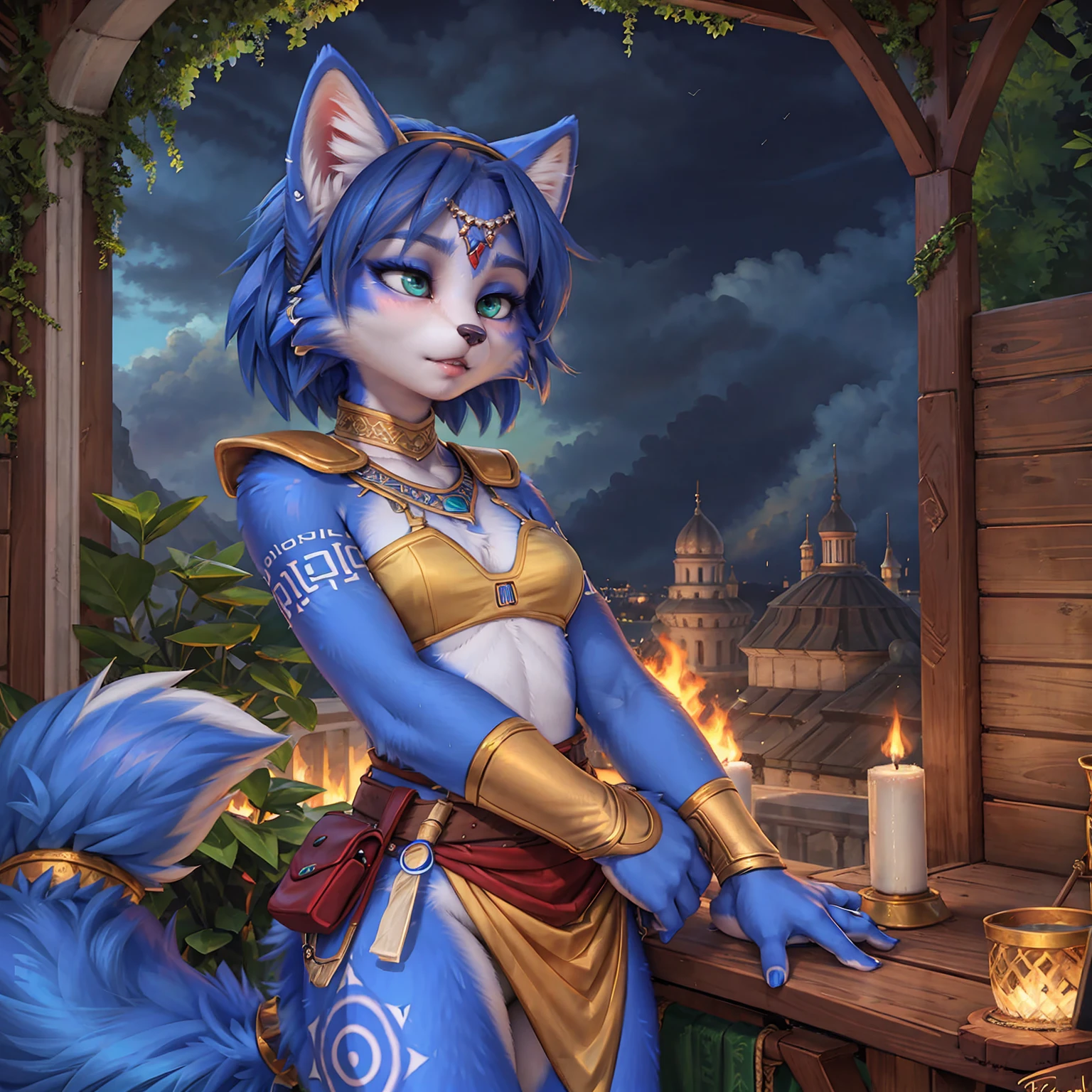 A beautiful and detailed (sweet picture) of ((Krystal)), Star Fox Krystal,  green eyes, medium breasts, (((Long blue hair 1.3))),  anthro, furry, (of Fluff-Kevlar, Bayard Wu, Personalami, Pino Daeni),  detailed fluffy fur, detailed face, (fluffy), 1 girl, alone, hair cover one eye:1.4, stands in the rain, looks at the sky, has a thoughtful facial expression,  wears tribal clothing, wearing tribal top