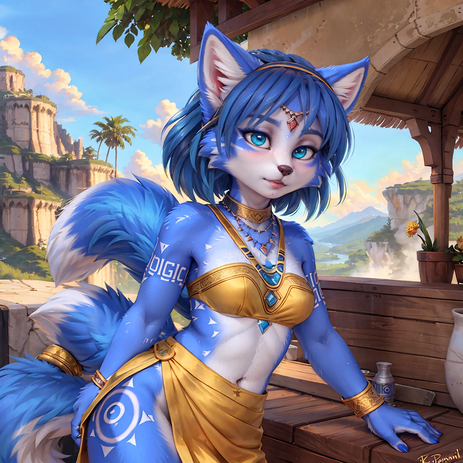 A beautiful and detailed (sweet picture) of ((Krystal)), Star Fox Krystal, green eyes, medium breasts, (((Long blue hair 1.3))), anthro, furry, (of Fluff-Kevlar, Bayard Wu, Personalami, Pino Daeni), detailed fluffy fur, detailed face, (fluffy), 1 girl, alone, hair cover one eye:1.4, stands in the rain, looks at the sky, has a thoughtful facial expression, wears tribal clothing, wearing tribal top
