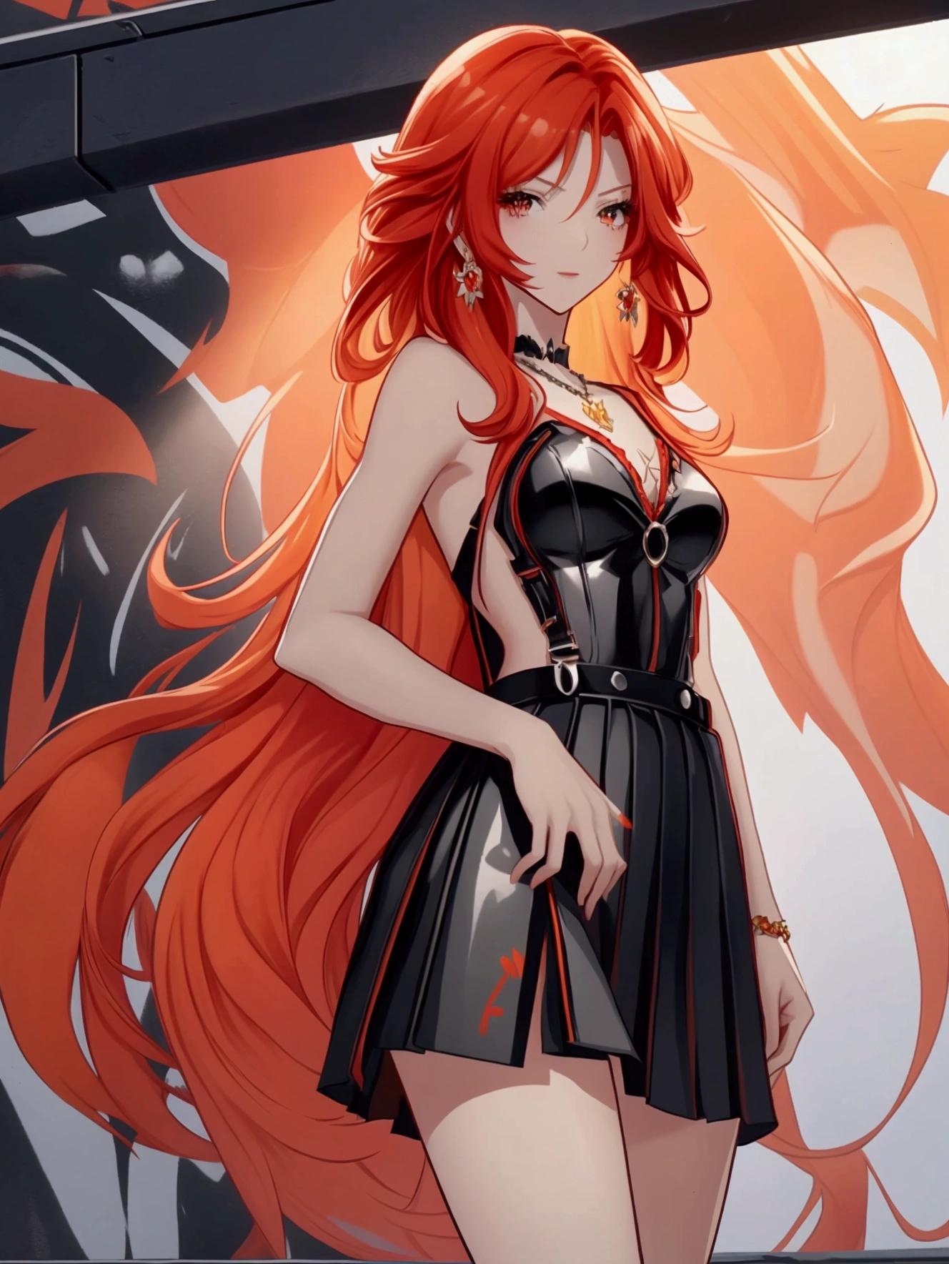 Anime girl with red hair and black suspender skirt in front of graffiti wall, 25 years old，long hair anime girl, She has long reddish-orange hair., Attractive anime girl,Bare arms，Bare arms，Bare legs，Black necklace，Tie-strap skirt，Front view，First Perspective，high quality，16K，Exciting appearance，very clearly，Exquisite mature facial，Royal sister