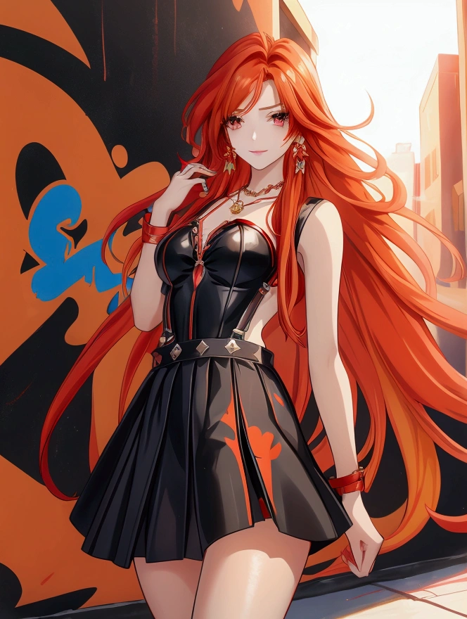 Anime girl with red hair and black suspender skirt in front of graffiti wall, 25 years old,long hair anime girl, She has long reddish-orange hair., Attractive anime girl,Bare arms,Bare arms,Bare legs,Black necklace,Tie-strap skirt,Front view,First Perspective,high quality,16K,Exciting appearance,very clearly,Exquisite mature facial,Royal sister
