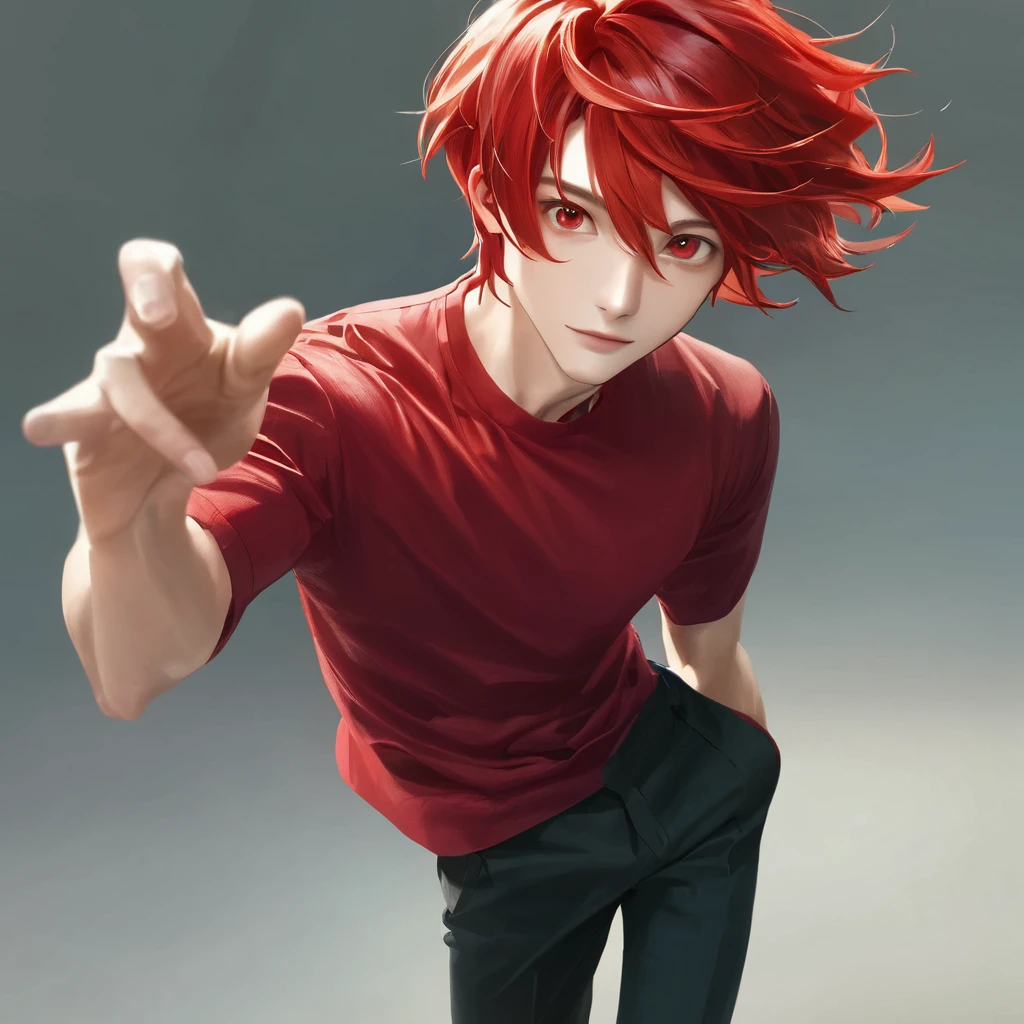 best quality, masterpiece, solo, 1boy, red hair, shirt, red eyes, black beckground, full faces