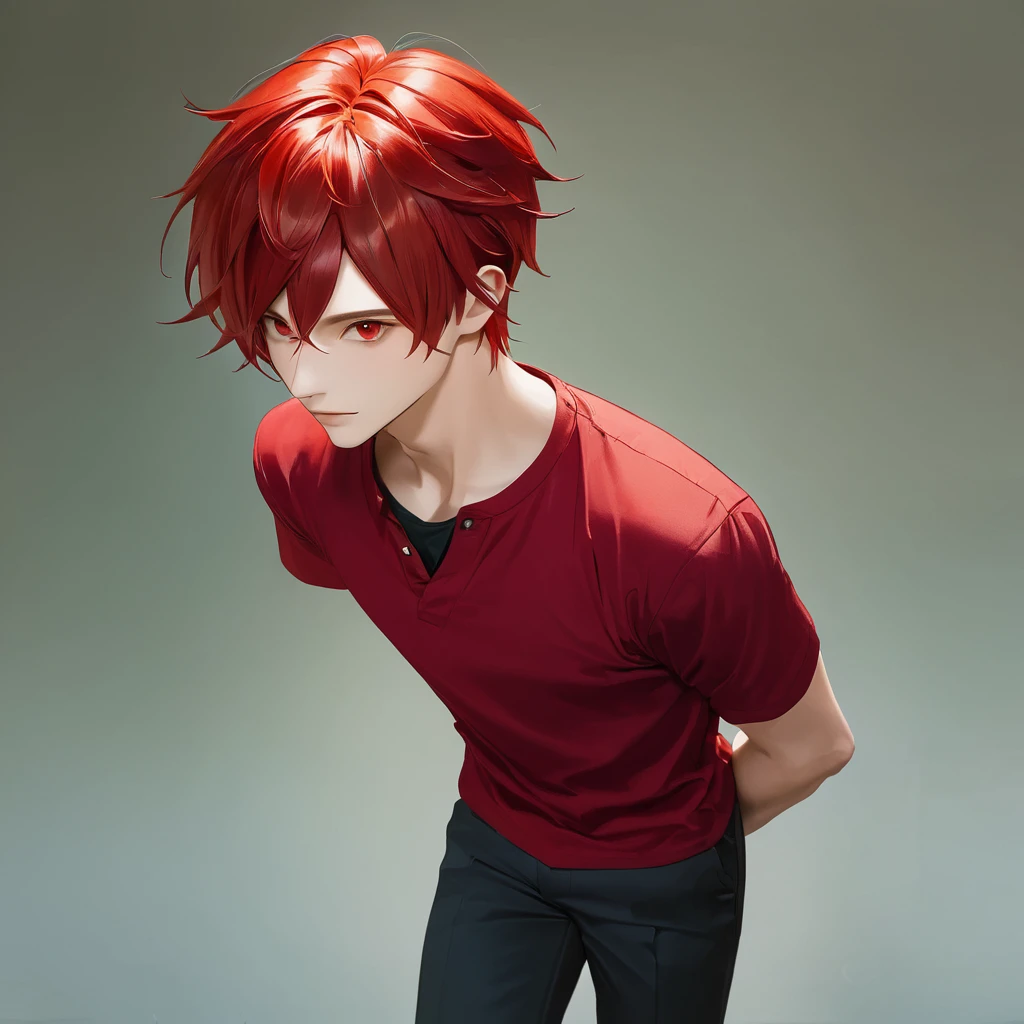 best quality, masterpiece, solo, 1boy, red hair, shirt, red eyes, black beckground, full faces