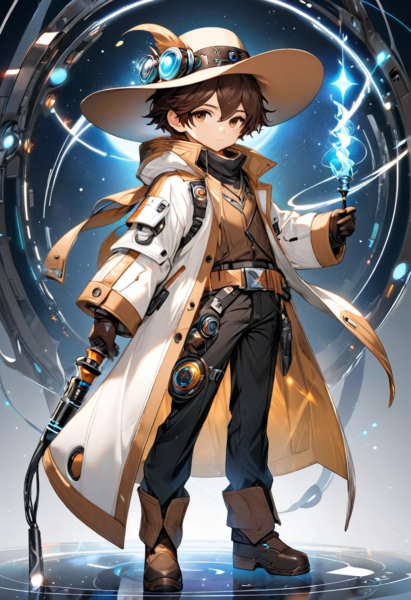 a character in a futuristic, Western-inspired outfit. The character wears a white and brown long coat with black pants and knee pads. Accessories include a wide-brimmed hat, gloves, and a belt. The character's attire suggests a blend of cowboy and high-tech elements. With a magical wand in his hand. He is little bigger in size.