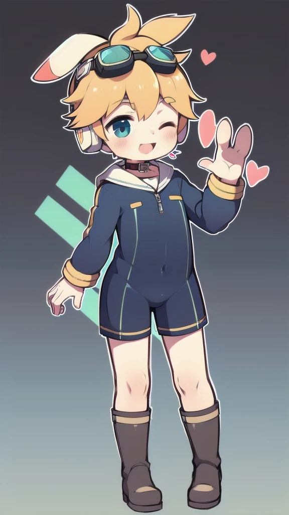 2D Shonen Shota，One-piece suit，Slim, healthy body，Put the headphones on your head，stand up，goggles，Rabbit ears，Happy，Sailor collar，boots，charming