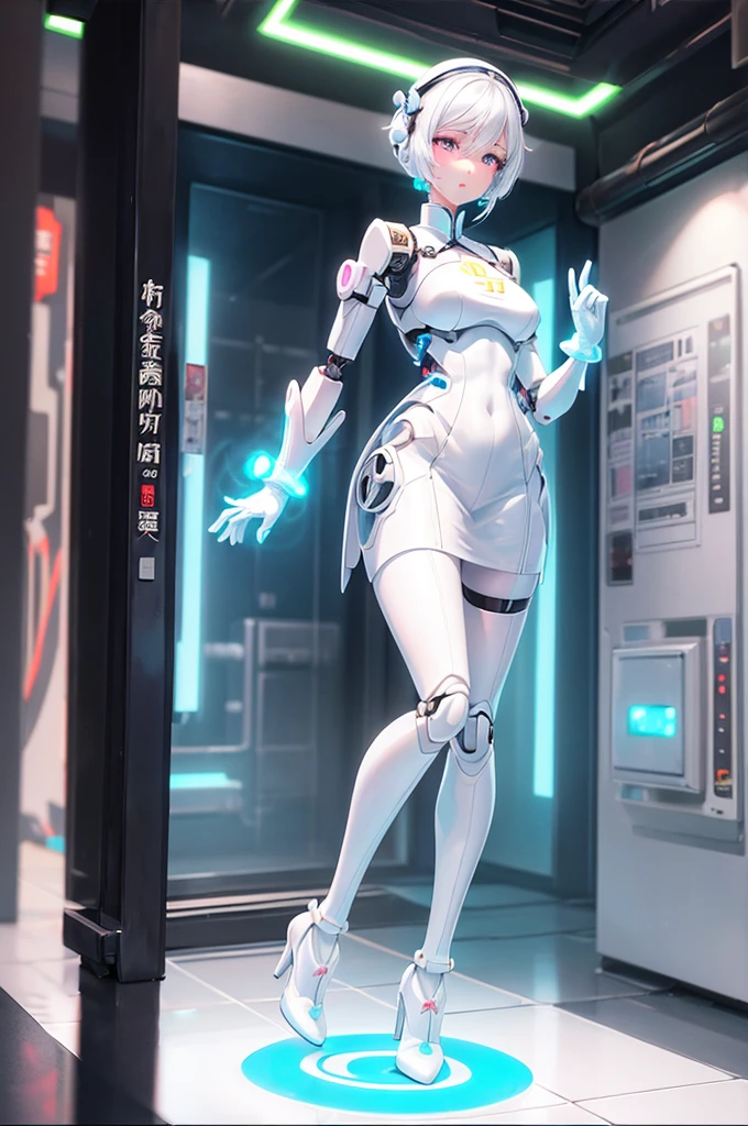 (Blind Box Spielzeug Stil:1.2),full body, solo,white background,(A female robot in a transparent white jasmine dress, wearing gloves and high heels),(Chinese color,Very colorful), Cyberpunk, Dreamy Glow, Luminous neon lamp, 3D