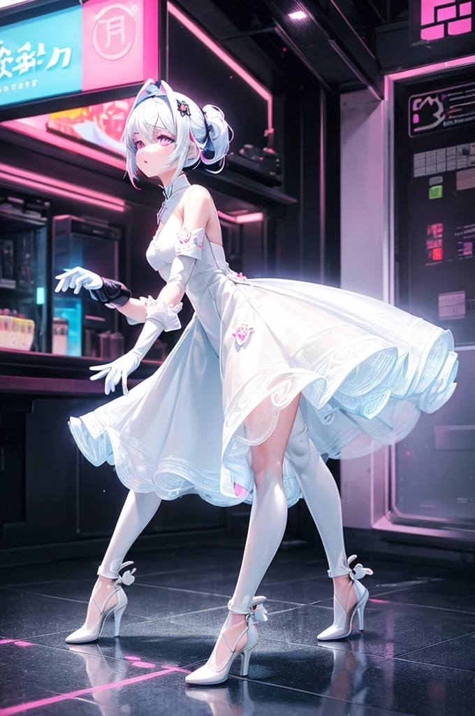 (Blind Box Spielzeug Stil:1.2),full body, solo,white background,(A female robot in a transparent white jasmine dress, wearing gloves and high heels),(Chinese color,Very colorful), Cyberpunk, Dreamy Glow, Luminous neon lamp, 3D