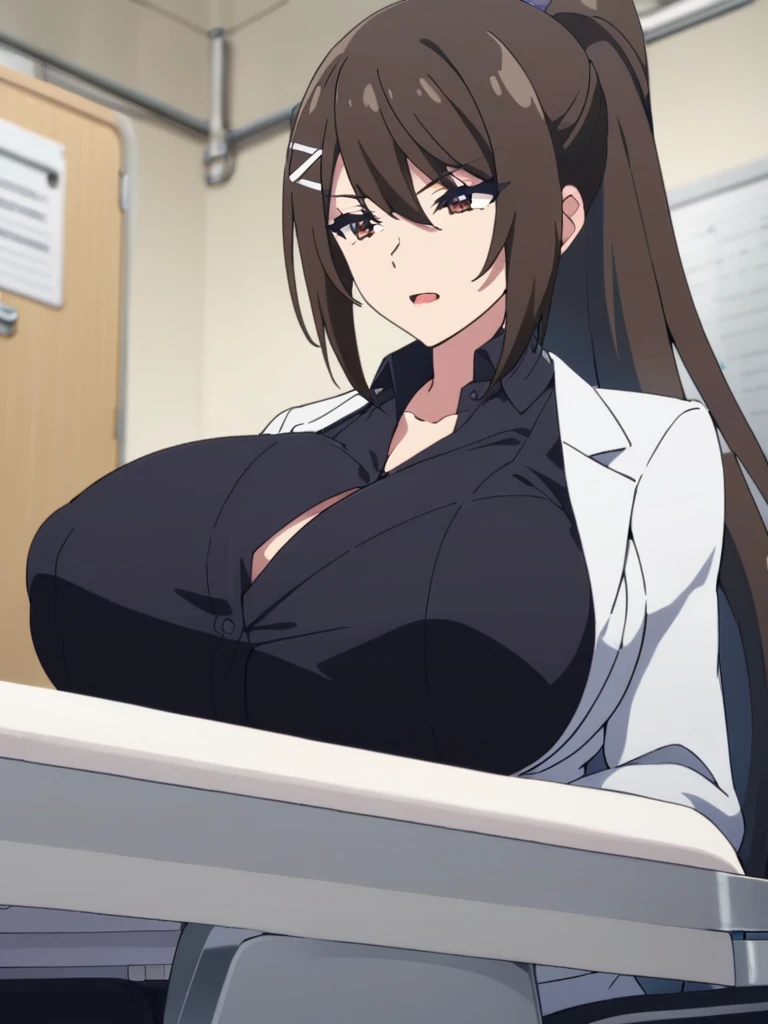 Highest quality、extremely detailed CG、One woman、27-year-old female、Huge breasts:1.3、sagging breast:1.3、White、white coat、white gown、Black inner shirt、Black inner shirtと白いコートを着てカメラに向かってポーズをとるアニメの女の子, (SFW) Safe at Work, breasts covered and SFW, (doctor), chic,Whiteを着て, Cel-shaded adult animation、Brown Hair、ponytail、Health Room、学校のHealth Room、health room