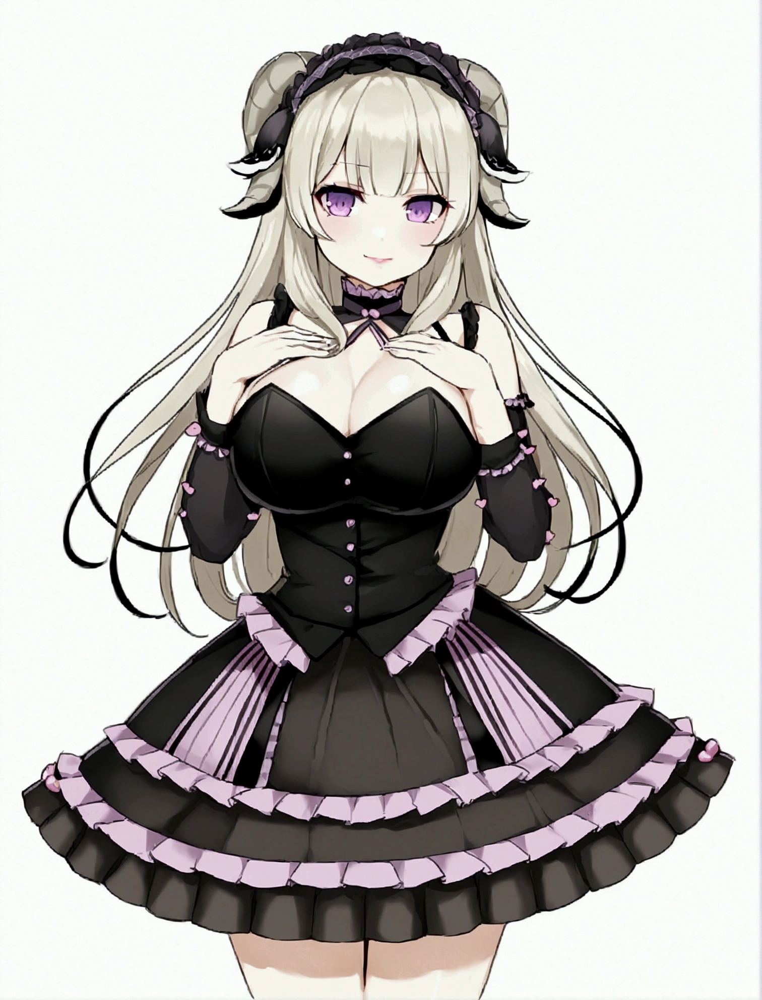 beautiful girl, long hair, light gold, purple eyes , sheep's ear, big breasts,Lolita dress, anime girl, pinkish red lips,Maid,sheep girl,sexy pose