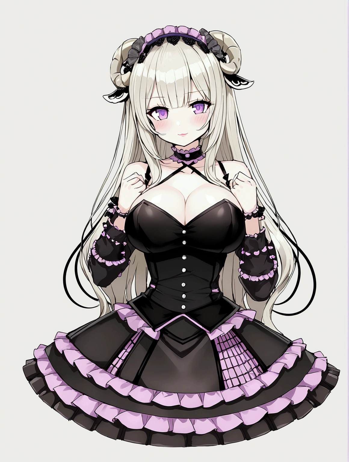 beautiful girl, long hair, light gold, purple eyes , sheep&#39;s ear, big breasts,Lolita dress, anime girl, pinkish red lips,Maid,sheep girl,sexy pose