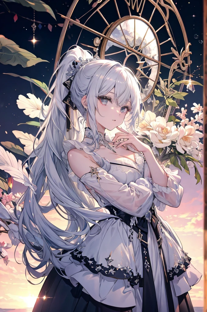 High resolution RAW color art, animation,Sculpture, Silver Marble Skin, (((Highly detailed elegant))), Magical atmosphere, Detailed skin, texture,(Exquisitely crafted, The finer details, Ultra-detailed art), Depth of written boundary, Bokeh, Silky Touch, Hyper Detail, White Background, Beautiful Eyes, Elegant face, Up to the knees, Sunset sky, View from below, eye shadow、Long Ponytail、Black clotheaid