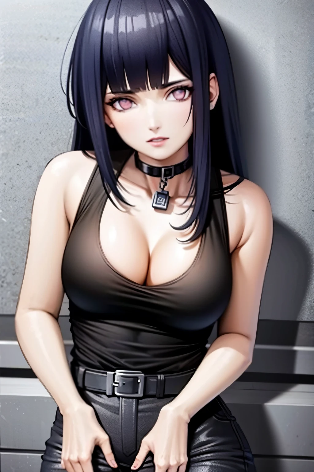 masterpiece,stunning realistic,best quality,sharpness,sharp face,smil,Rot im Gesicht sein,Photo of the upper body
black long hair,purple eyes,big ,tanktop,cargopants with many pockets,black cloak,silver necklace,silver chain,black gloves