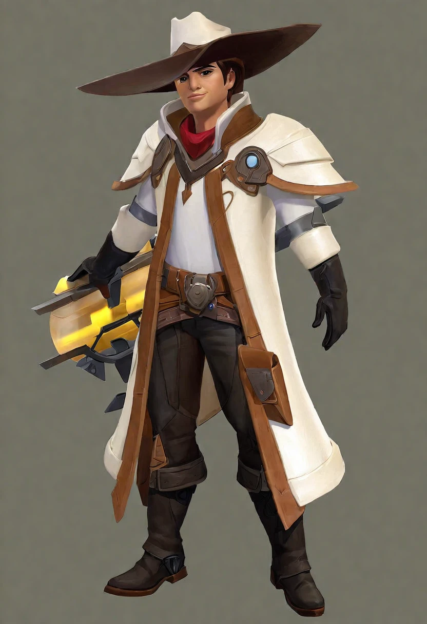  a character in a futuristic, Western-inspired outfit. The character wears a white and brown long coat with black pants and knee pads. Accessories include a wide-brimmed hat, gloves, and a belt. The character's attire suggests a blend of cowboy and high-tech elements. With a magical wand in his hand. He is little bigger in size.
